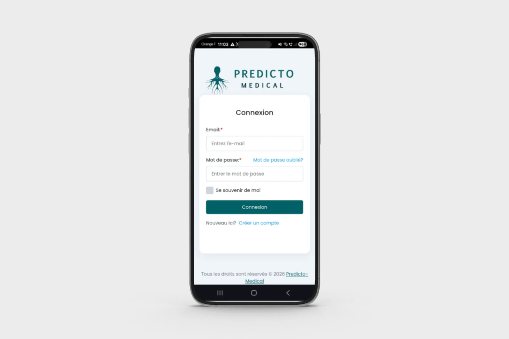 Capture d'écran de connexion du parcours patient Predicto Medical - De l'examen aux résultats digitaux